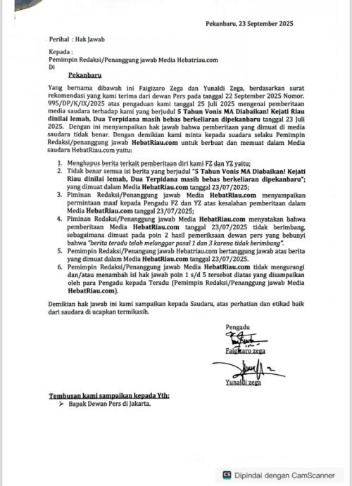 Hak Jawab Faigizaro Zega dan Yunaldi Zega terkait pemberitaannya