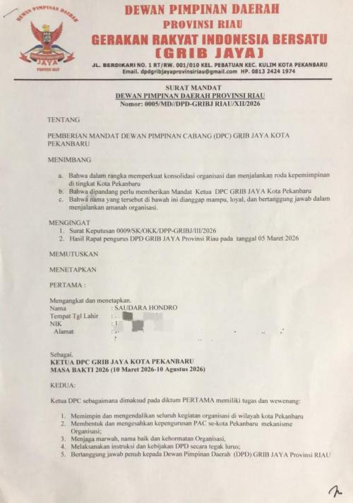S. Hondro Terima Mandat Pimpin GRIB Jaya Pekanbaru, Siap Konsolidasi Hingga Tingkat PAC
