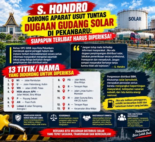 S. Hondro Dorong Aparat Usut Tuntas Dugaan Gudang Solar Di Pekanbaru: Siapapun Terlibat Harus Diperiksa!
